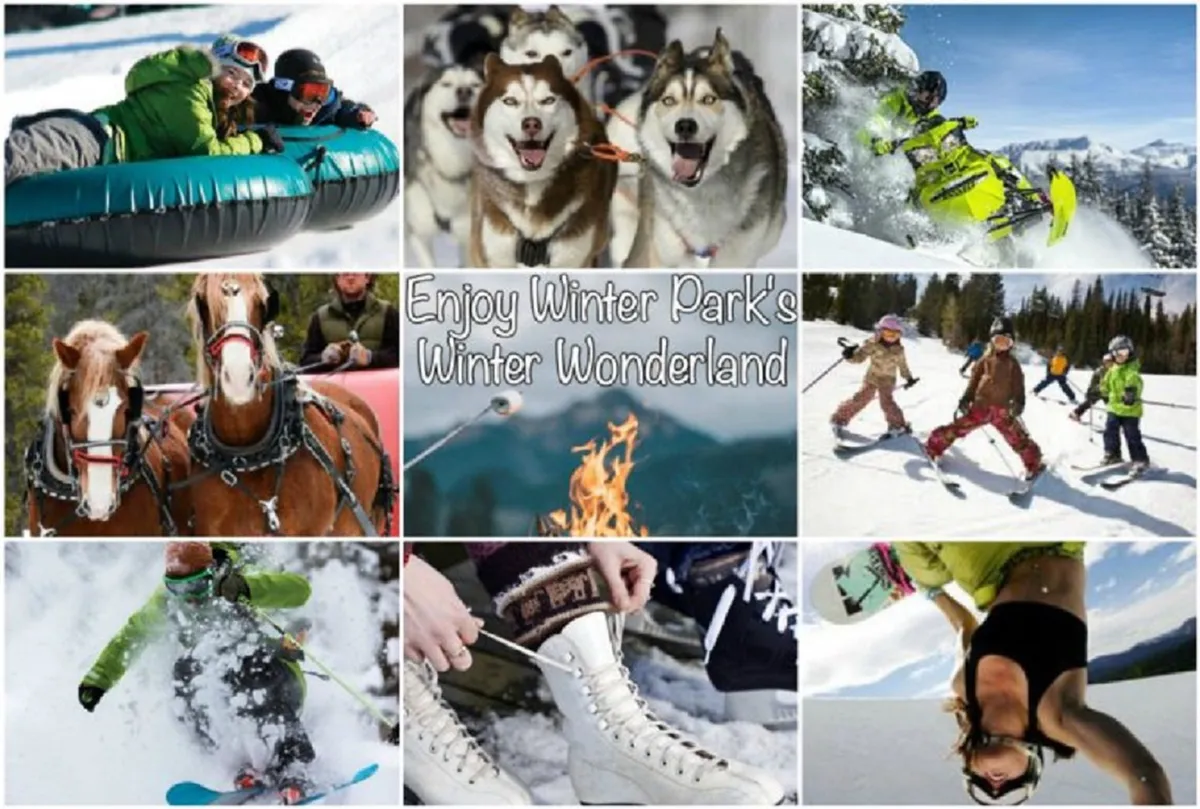 An energetic winter scene bustling with activity: people are tubing down snow-covered slopes, huskies pull a sled, skiers and snowboarders traverse the hillside, children play in the snow, and a fire pit is surrounded by cozy onlookers. The image is lively, colorful, and captures a variety of winter adventures and après-ski moments.