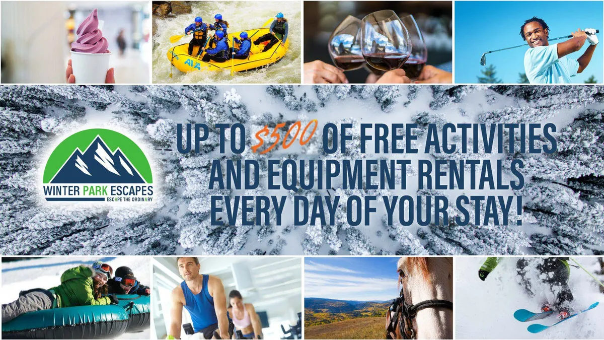 A vibrant composite interior scene highlighting guests partaking in a variety of adventure activities such as rafting, skiing, golfing, wine tasting, and horseback riding. The collection of images captures the thrill and diversity of experiences available through the resort's guest program.