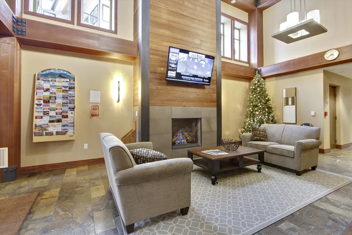 A comfortable interior lounge with a fireplace, plush seating, a decorative tree, and a television. The space is arranged for socializing, relaxing, or enjoying entertainment by the fire, evoking the comfort and warmth of gathering after a day of adventure.