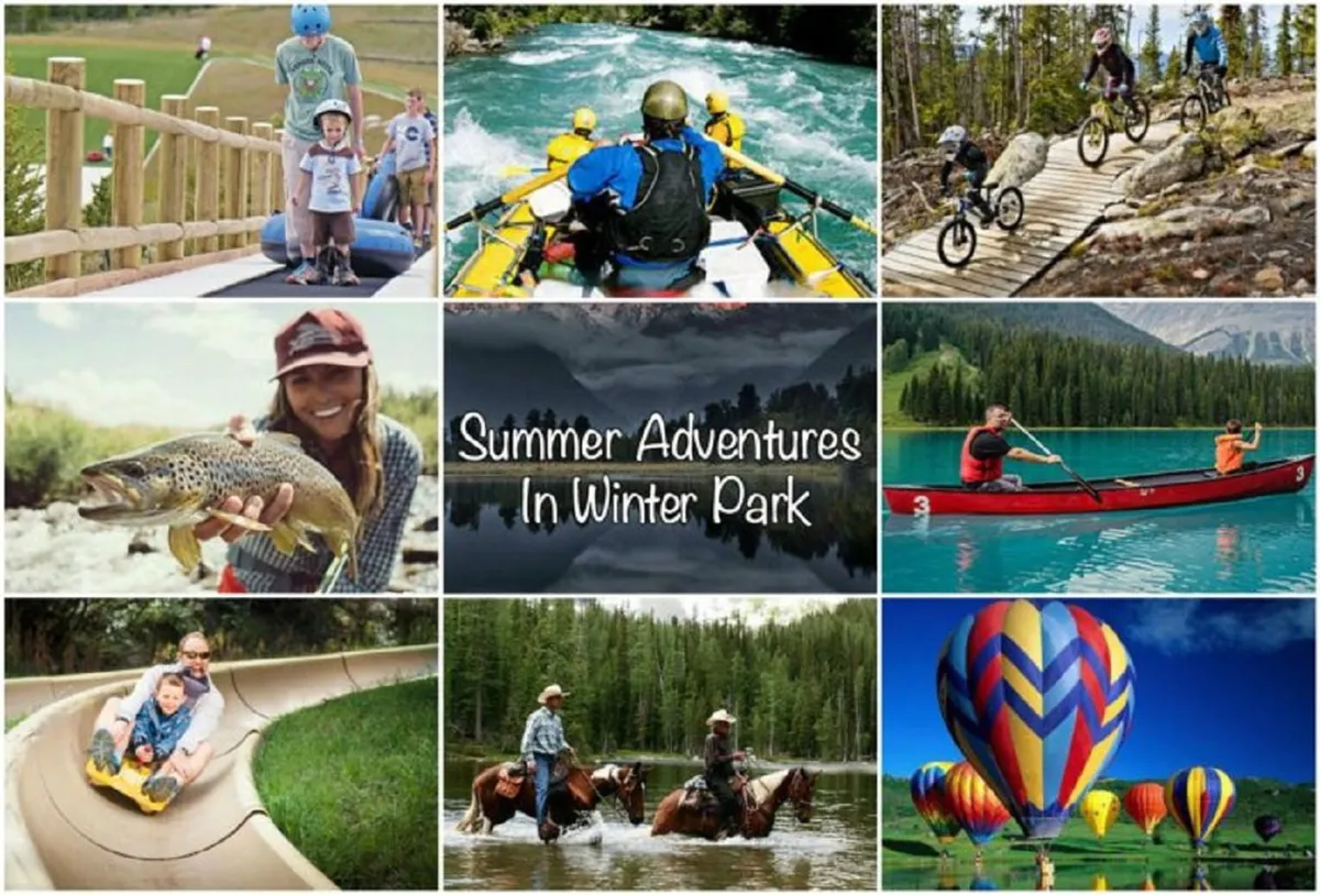 This vibrant collage-style image features families enjoying a range of outdoor adventure activities, including biking, rafting, canoeing, horseback riding, fishing, and sliding. In the background, scenic landscapes and colorful hot air balloons set an energetic, adventurous mood.